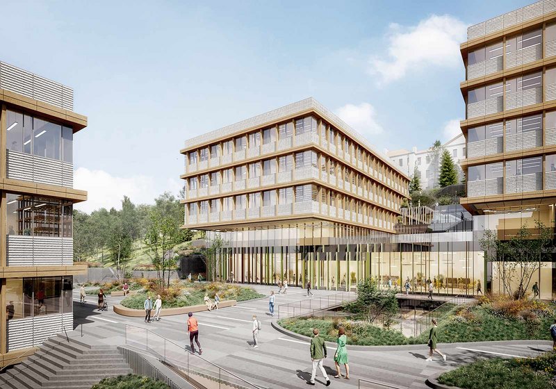 A “scientific body” in a “living envelope”: The timber façade is inspired by the surrounding forest. Visualization: ATP