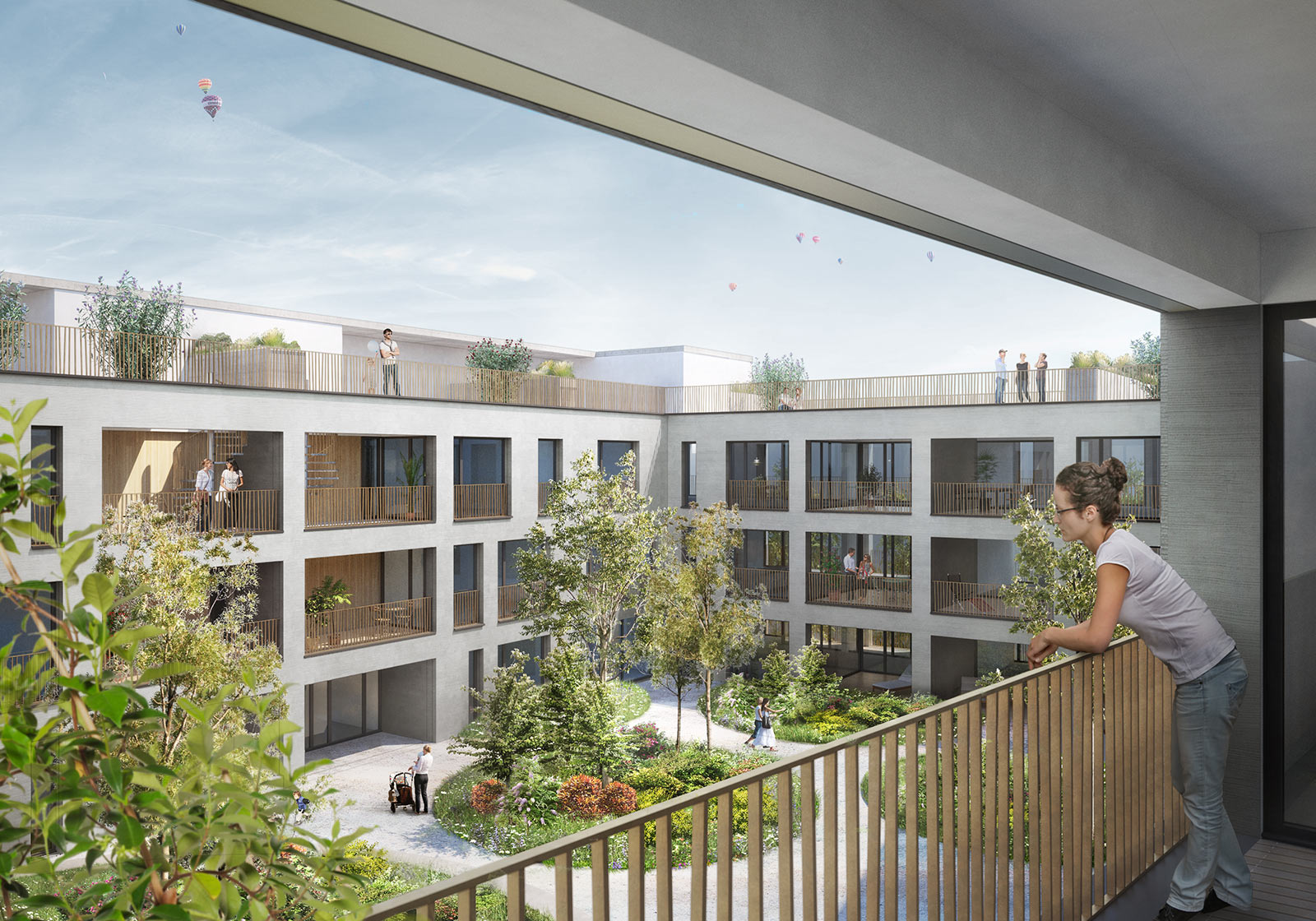 Каждая квартира оснащена балконом, а некоторые имеют доступ к террасам на крыше. На этом изображении показана квартира с видом на зеленый внутренний двор. Визуализация: ATP architects engineers